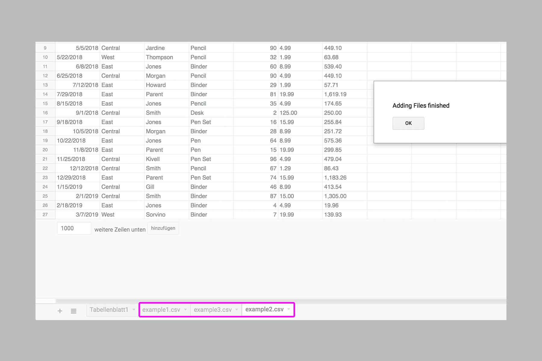 Voilà, each file got imported as one sheet with the correct name.